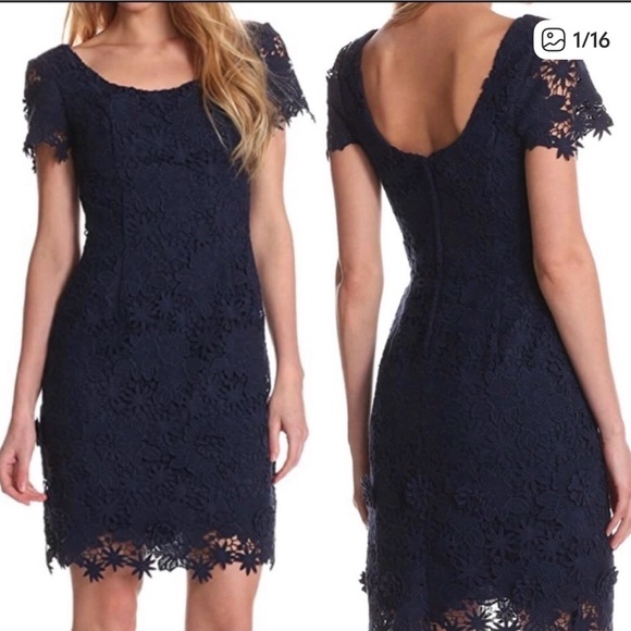 Lilly Pulitzer Dresses & Skirts - Lilly Pulitzer Marta Navy Floral cotton Lace Dress backless short sleeve size 6